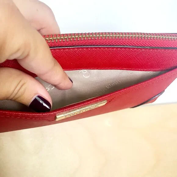 Calvin Klein Red Saffiano Leather Zip Around Long Wallet w/ Gold Interior - Picture 2 of 11